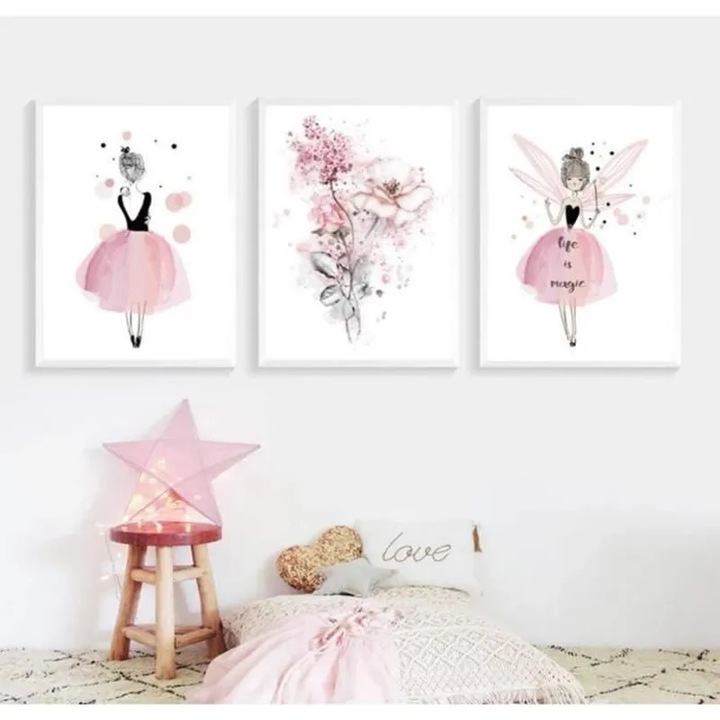 Set 3 tablouri copii, roz, 70x50cm, fara rama