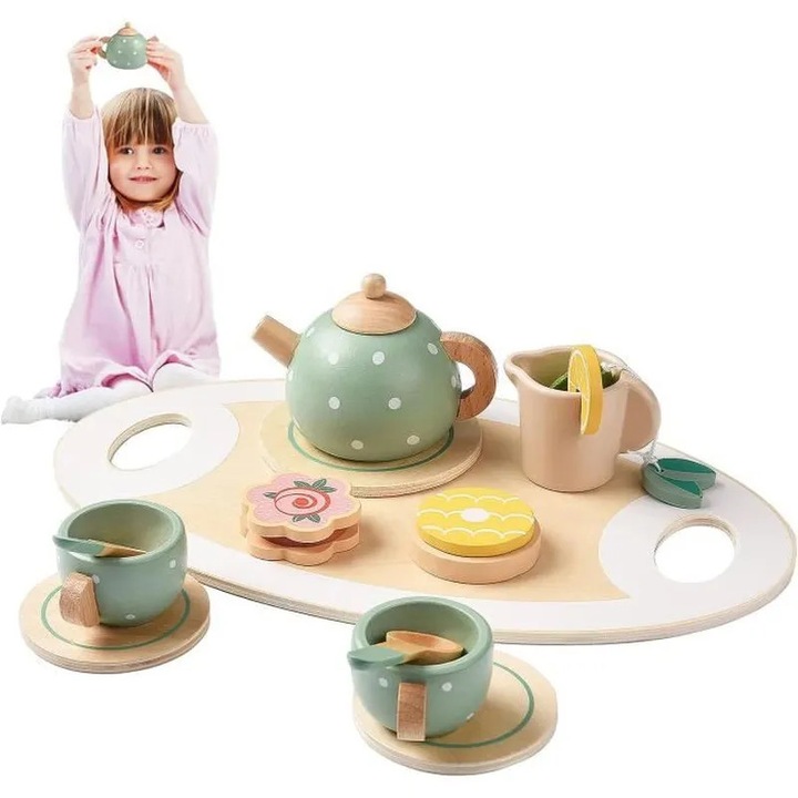 Set ceai lemn pentru copii, joc bucatarie, multicolor, 3+ ani
