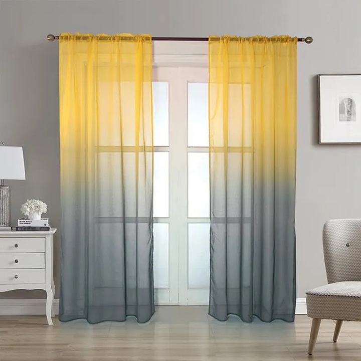 Voile függöny, sárga-szürke átmenetes, 100x260cm, poliészter, gyűrűkkel