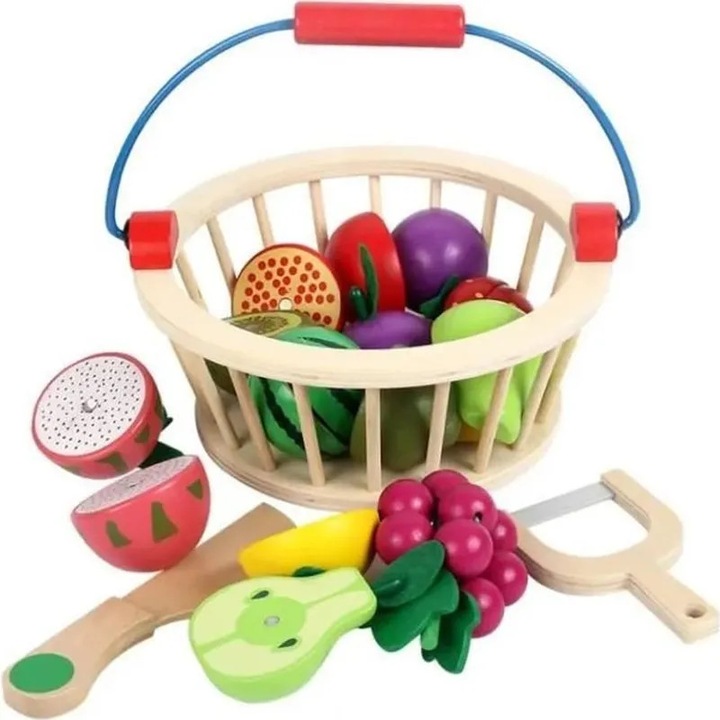 Set 14 piese fructe si legume din lemn magnetice multicolor 3-7 ani