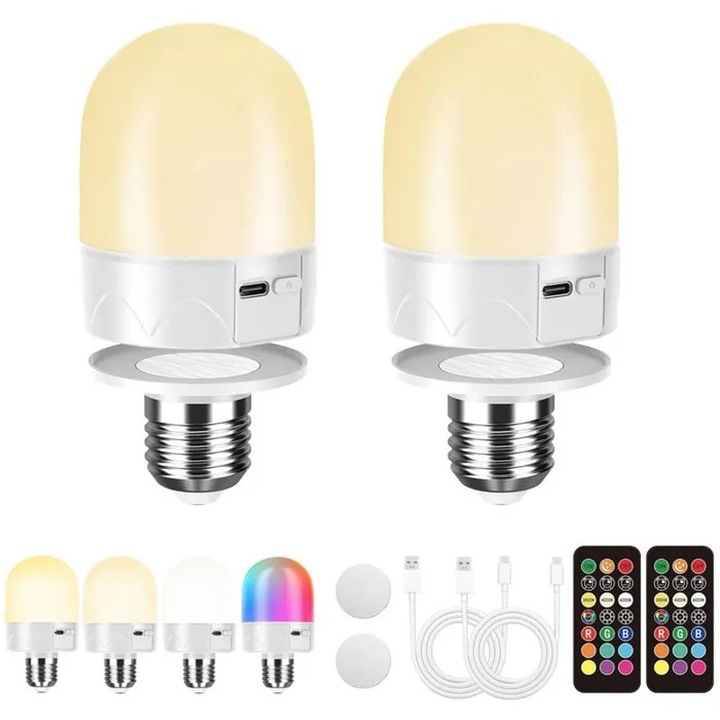 Bec RGB reincarcabil cu telecomanda, E27, multicolor, USB