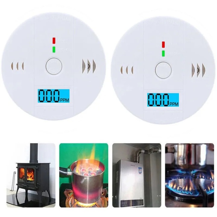 Комплект от 2 детектора за въглероден оксид, цифров дисплей, 85dB, бял
