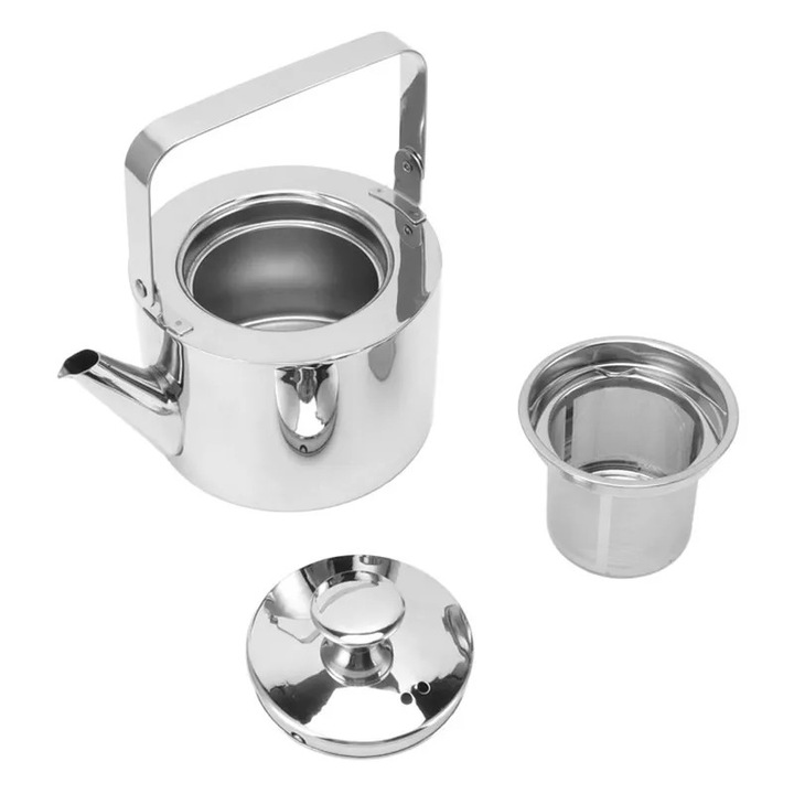 Rozsdamentes acél teáskanna, 1.3L, szűrővel, ergonomikus fogantyúval, ezüst