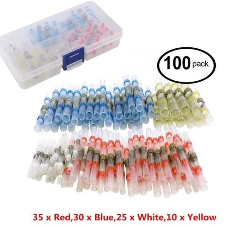 Set 100 conectori electrici termocontractabili multicolor 35x3x0.5-1mm 30x5x1-2.5mm 25x1.5x0.25-0.34mm 10x6x4-6mm