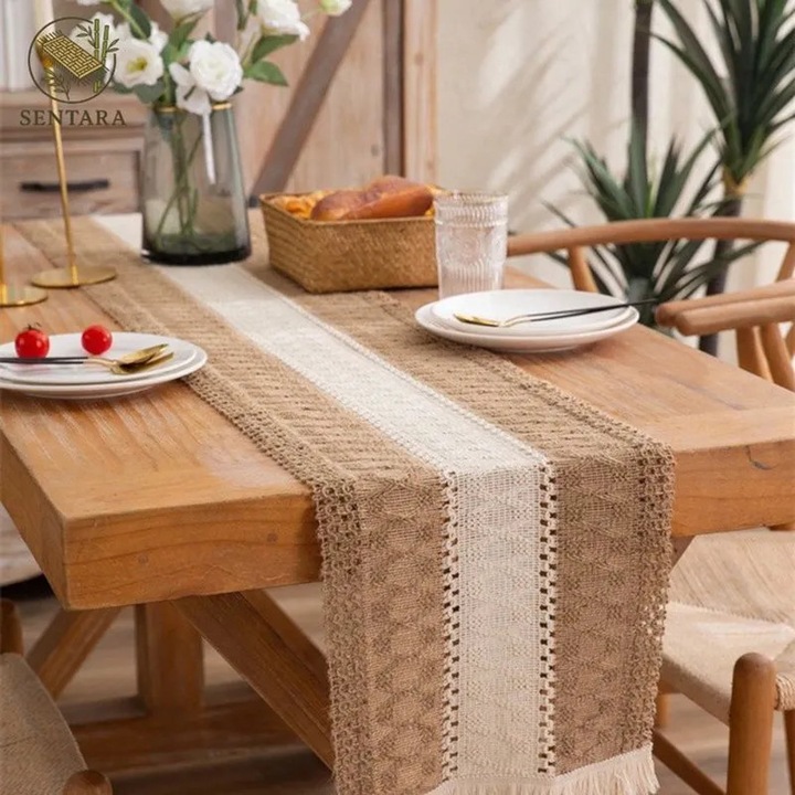 Pamut és juta asztalterítő rojtokkal 30x240cm bézs