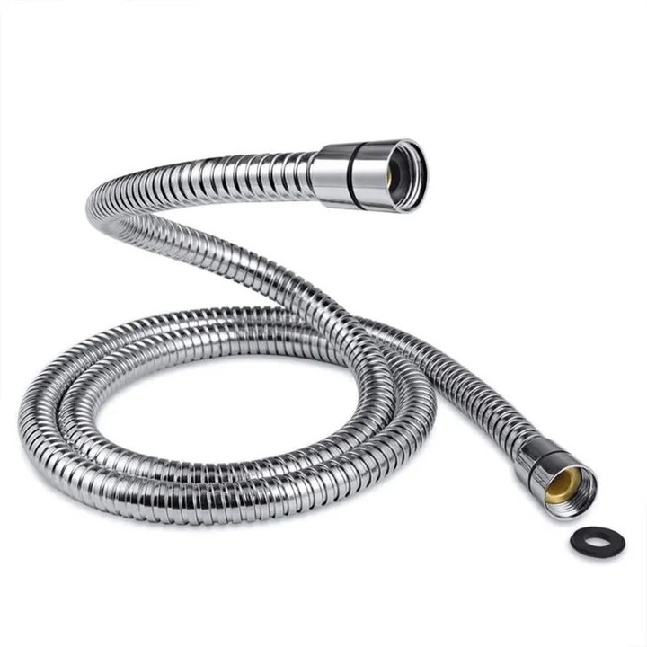 Furtun de dus, 2m, inox, 10mm, etans, anti-rasucire, argintiu