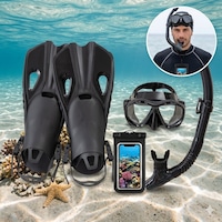 Set de snorkeling profesional Charmorah pentru adulti, masca anti-aburire, tub respirator uscat, labe de inot, ochelari scufundari, echipament diving, Negru