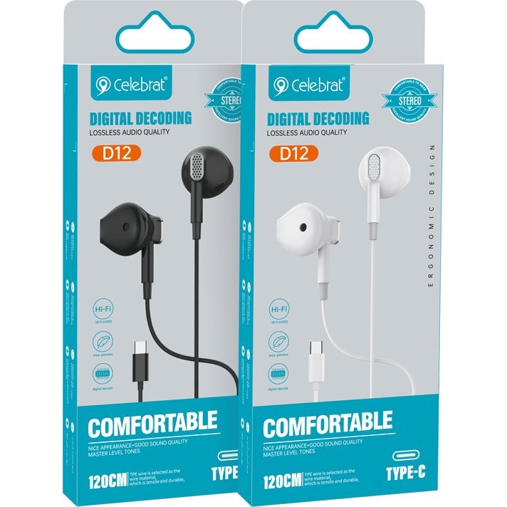 Casti cu fir Celebrat D12, microfon, USB-C, alb, 1.2m