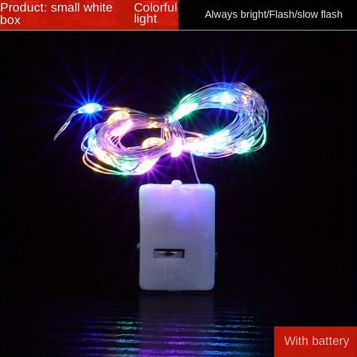 Ghirlanda LED Craciun cu baterii, fir cupru flexibil, lumina calda, multicolor, 1.5m