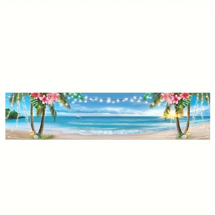 Fundal petrecere tropicala plaja, flori exotice, lumini festive, poliester, multicolor, 150x100cm