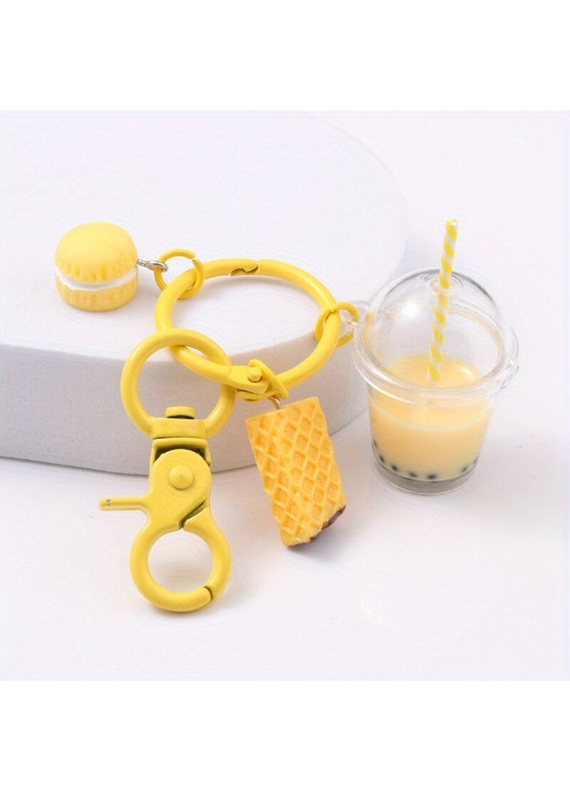 Boba tea kulcstartó, műgyanta, sárga, kompakt
