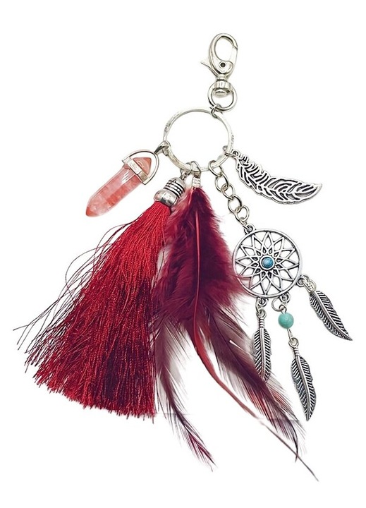 Hamsa kéz és álomfogó kulcstartó, boho, bordó, alumínium