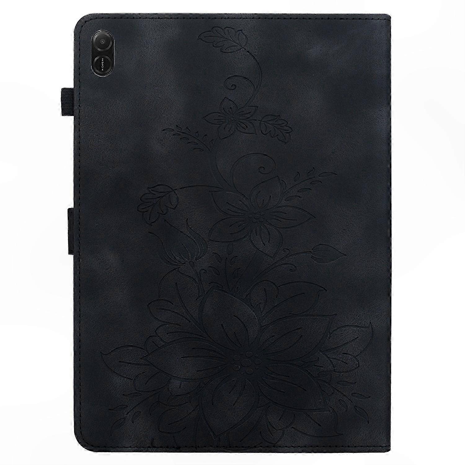 Husa tableta 8 inch, imprimeu floare de crin, protectie dubla, verde, 3 sloturi card, suport stilou