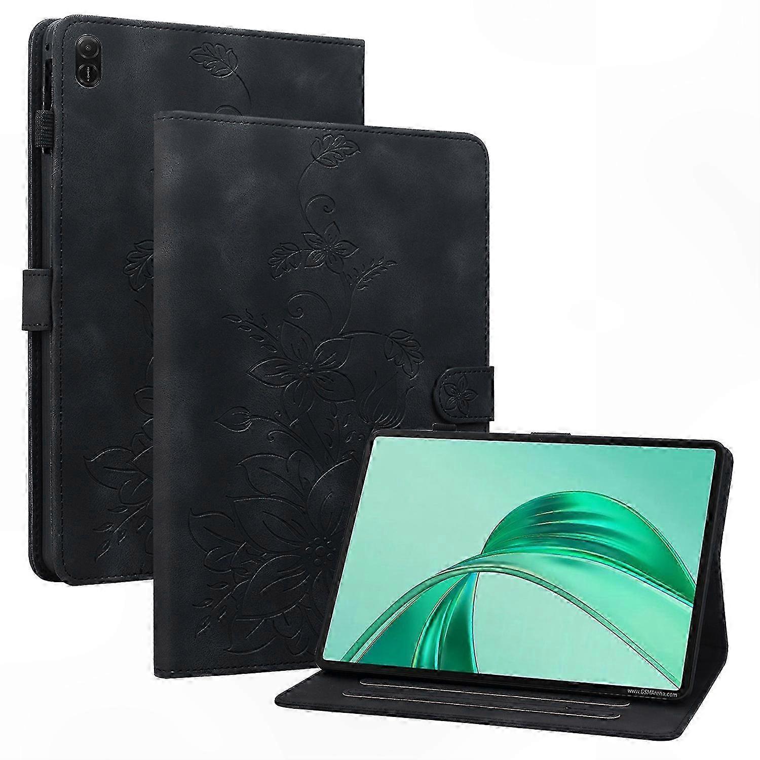 Husa tableta 8 inch, imprimeu floare de crin, protectie dubla, verde, 3 sloturi card, suport stilou