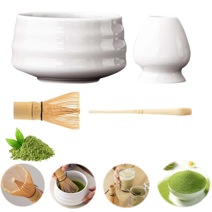 Set de ceai matcha 4 piese, Include Bol matcha, tel de ceai, suport pentru tel de ceai, lingura.Bambus/Ceramica, DIY matcha, durabil, Usor de curatat, calitate superioara.Incepatori/iubitori, Instrument ideal pentru amestecare, amestecare si spumare.Alb