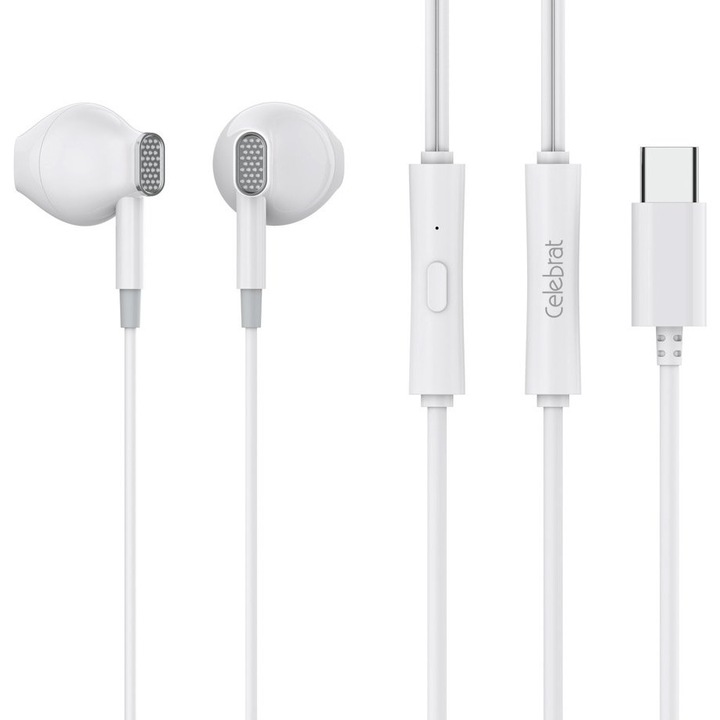 Casti cu fir Celebrat D12, microfon, USB-C, alb, 1.2m