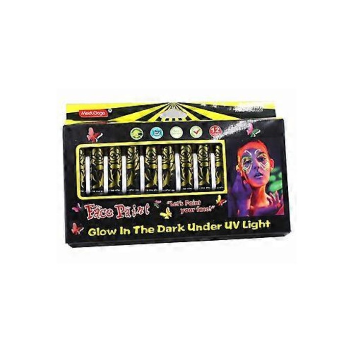 Set 12 creioane vopsea fata si corp, neon UV, multicolor, 20x103mm