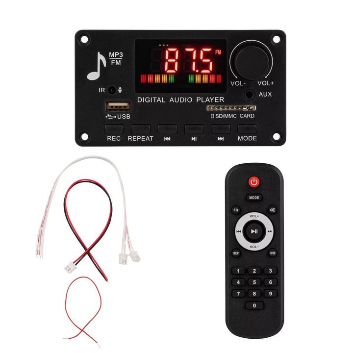 Audio erősítő, 2x40W, Bluetooth, 5V-26V tápellátás, USB bemenet, kompakt, távirányítóval, DIY hangszórókhoz és audiorendszerhez, multifunkcionális, OUYLAF, fekete