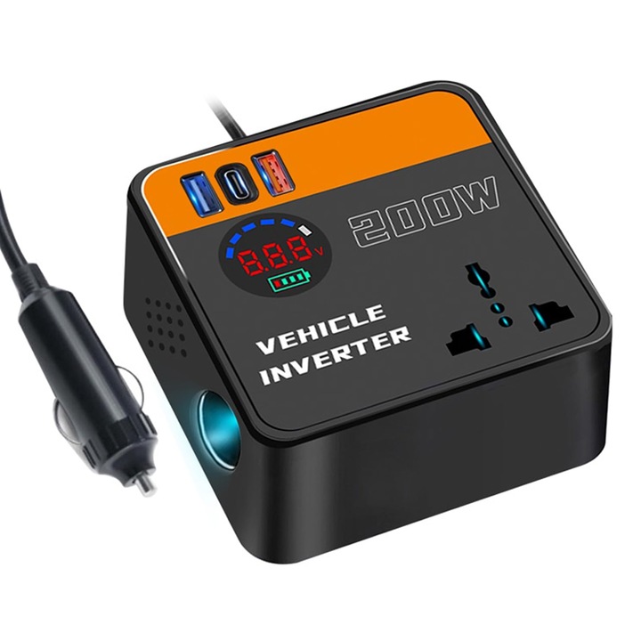 Autós Feszültség Inverter, 200W, 12V-ról 220V-ra, USB és Type-C, kompakt design, Gyors töltés, autóba, utazáshoz és eszközök tápellátásához, OUYLAF, fekete