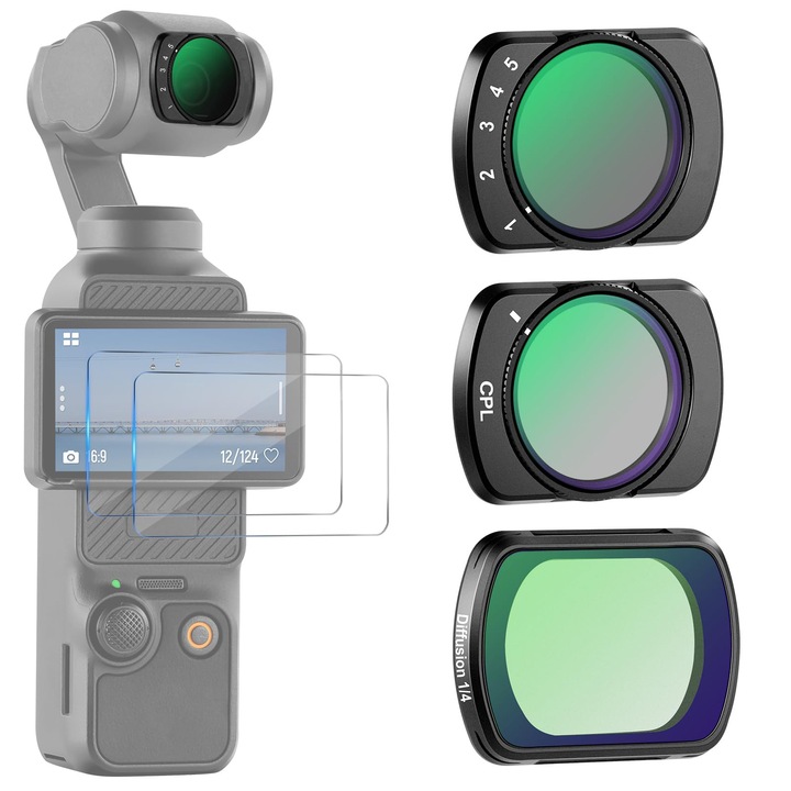 Kit szűrő DJI Osmo Pocket 3-hoz, mágneses ND2-32 szűrők, CPL és diffúzor, képernyővédő fóliákkal, vlogoláshoz, videózáshoz és kültéri fotózáshoz, OUYLAF, fekete