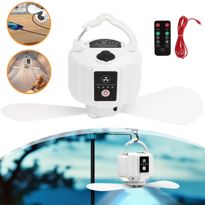 Hordozható Kemping Ventilátor, LED Lámpással, 5200mAh Újratölthető Kemping Ventilátor Sátorhoz, 5-20 Óra Működési Idő, Távirányító, Piknikezéshez, Utazáshoz