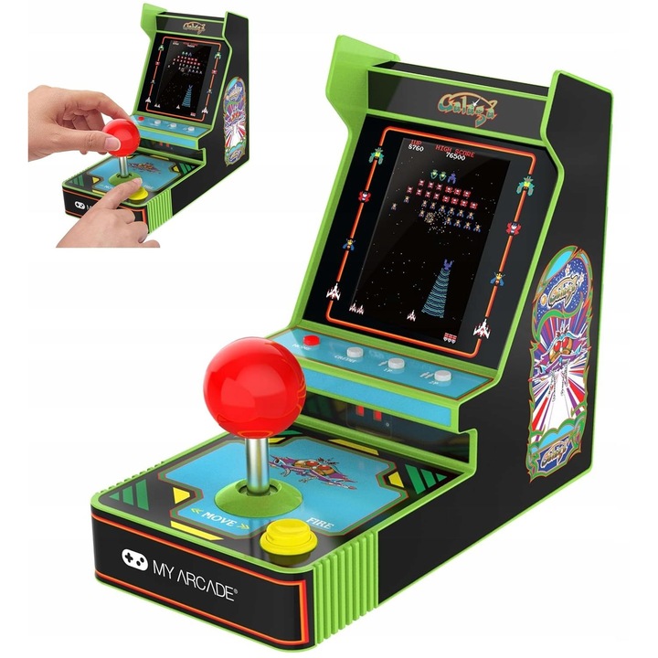 Consola de jocuri retro portabila, mini arcade, My Arcade, DGUNL-7194, 3, 5 inci, Galaga, Galaxian, negru, 2 jocuri, ecran color, control luminozitate, inregistrare scor, mod clasic, mod de fotografiere rapida, difuzor, mufa pentru casti de 3, 5 mm
