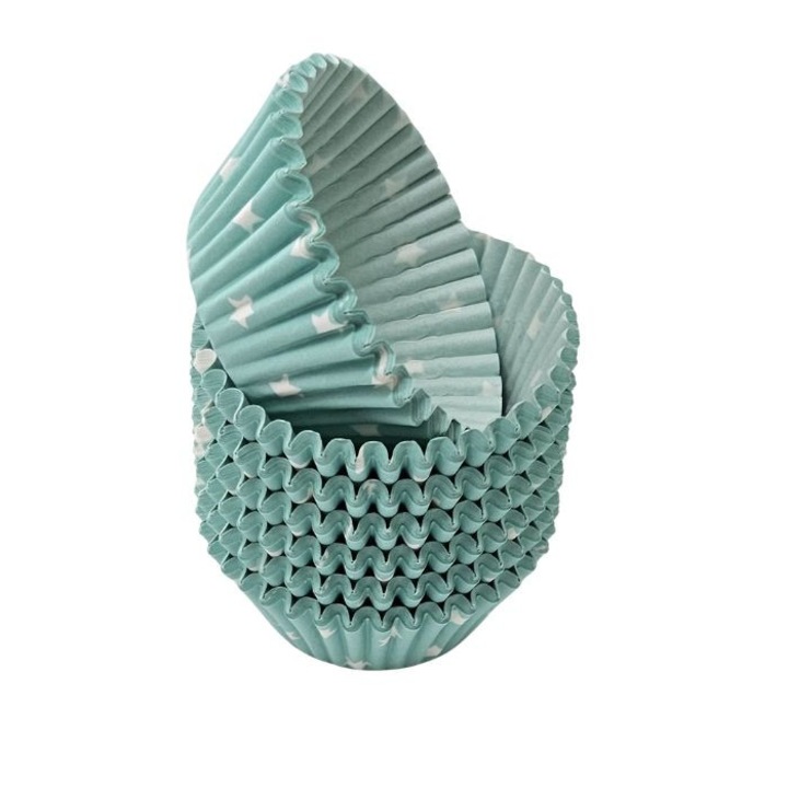 Hartie muffin 3x7cm, alb-verde, motiv stele, 200 buc/set