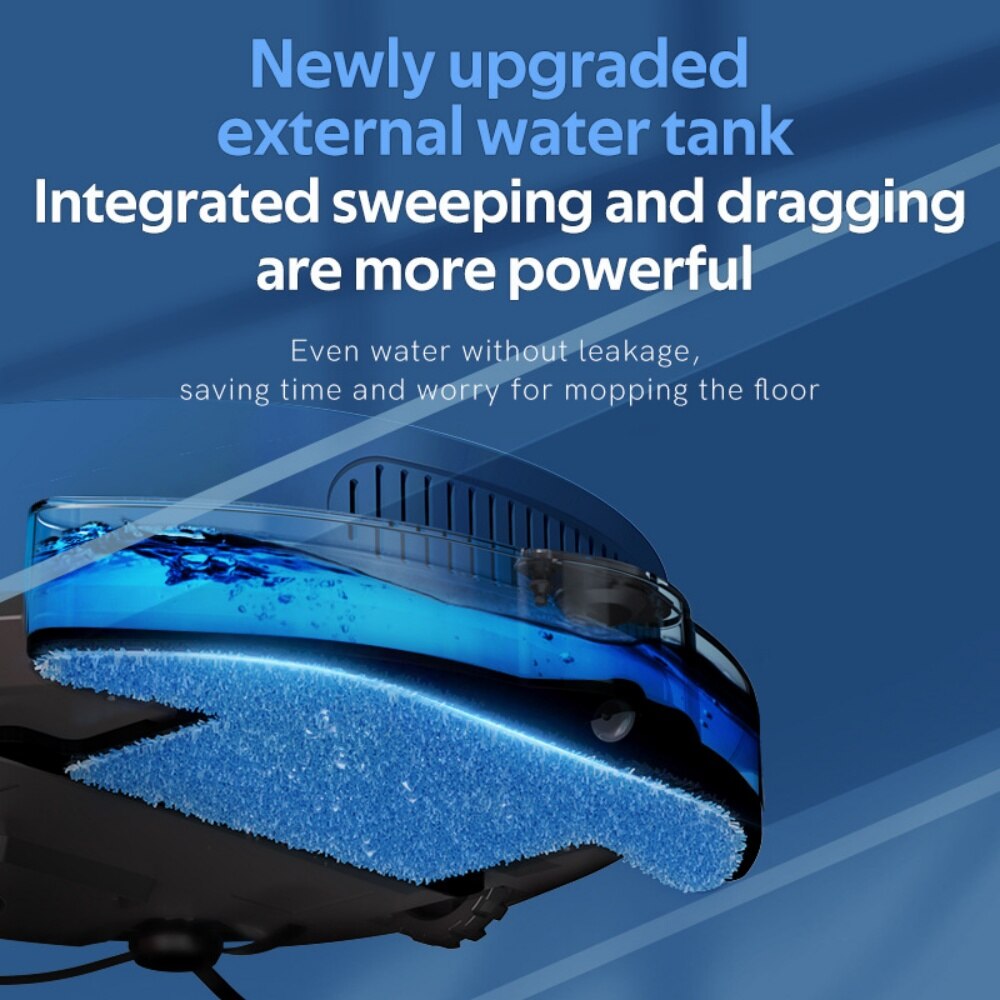 Robot de curatat, cu functie integrata de maturat si sters, compatibil cu controlul de la distanta prin aplicatia mobila, sistem inteligent de prevenire a caderilor, rezervor de praf de 510 ml/rezervor de apa de 150 ml, baterie de 3000 mAh, albastru