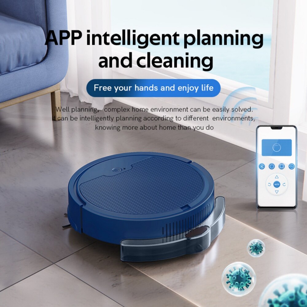 Robot de curatat, cu functie integrata de maturat si sters, compatibil cu controlul de la distanta prin aplicatia mobila, sistem inteligent de prevenire a caderilor, rezervor de praf de 510 ml/rezervor de apa de 150 ml, baterie de 3000 mAh, albastru