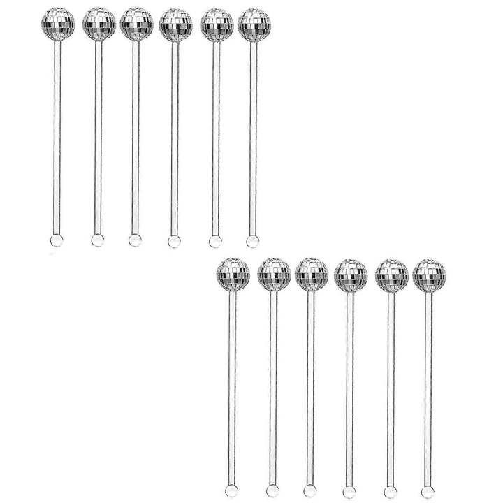 Set 12 agitatoare cocktail din plastic, 20cm, decor bila disco, multicolor