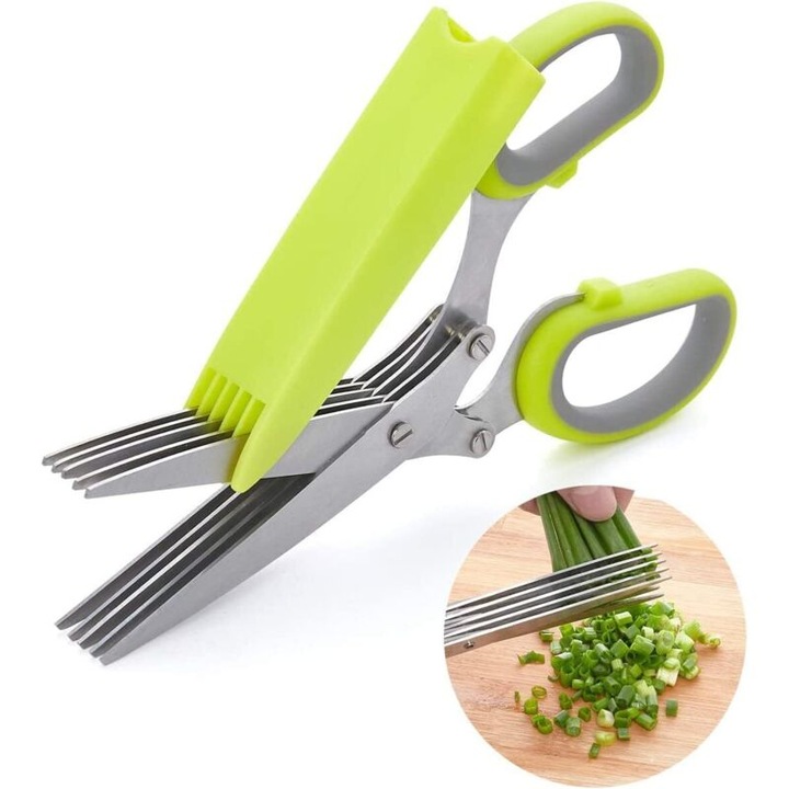 Foarfeca multifunctionala bucatarie 5 lame inoxidabil verde-gri 19.5x11.2x2cm set
