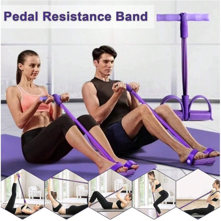 Banda elastica fitness cu 4 tuburi, roz, manere spuma, dimensiuni ...