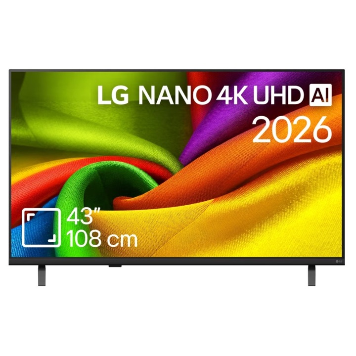 Телевизор LG 43NU8E0B3LA, 43" 4K HDR UHD, 3840x2160, DVB-T2/C/S2, AI Alpha 7, HDR 10, webOS 26, ThinQ AI, VRR, ALLM, HGiG, WiFi, Clear Voice, 4K Super Upscaling, Bluetooth 5.3, Hdmi e-ARC, CI, LAN, AirPlay2, AI Sound Pro, Google Cast, 2 Pole 43NU8E0B3LA