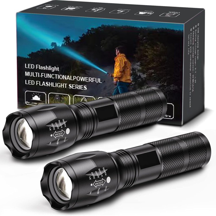 2 db LED lámpa szett, 1000 lumen, vízálló, fekete, 3xAAA, 9.46x9.46cm