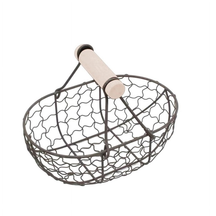 Cos metalic pentru oua cu maner din lemn, rustic, negru, 25x15x15cm