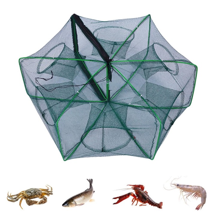 Capcana pliabila pentru pescuit, 3 dimensiuni, verde, poliester si metal, 40x22x22cm