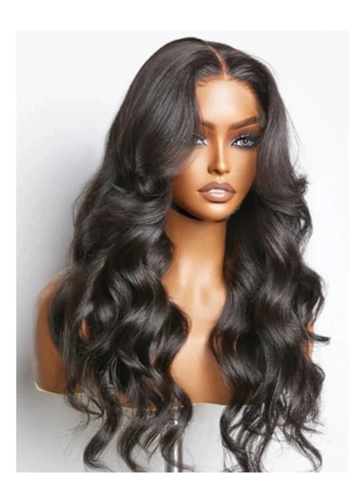 Peruca din par natural 22 inch, valuri corp, densitate 250%, culoare negru, fara lipici, noduri decolorate