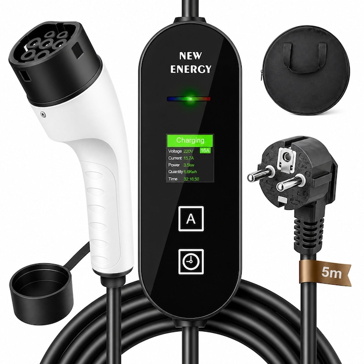 Incarcator Portabil Masina Electrica SZGULAIKE® EV Auto Type 2, 3.5kW, 230V Monofazic, Reglaj Curent 8A/10A/13A/16A, Ecran LCD, IP65, Cablu 5m, Compatibil Tesla/Kia/Mercedes-Benz/Porsche/Chevrolet/Ford/Nissan/Volkswagen/BMW, Alb/Negru