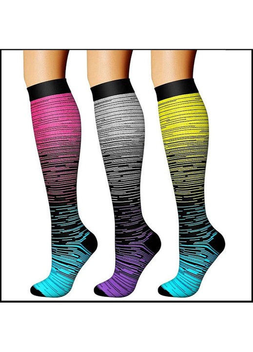 Set 3 perechi, Sosete compresive lungi din fibre infuzate cu cupru, compresie gradata, extensibile pentru sport si alergare, Multicolor, S/M