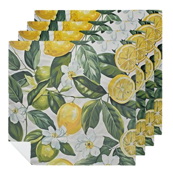Set 4 bucati, Servete de masa din poliester, cu imprimeu floral lamai, rezistente la decolorare, Multicolor