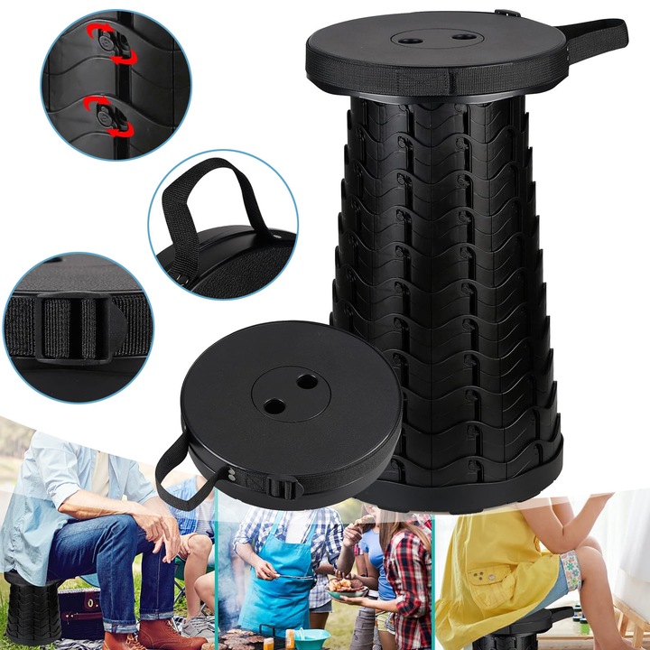 Scaun Telescopic Portabil, Scaun Pliabil De Camping Cu Inaltime Reglabila, Pentru Gradina, Pescuit, Drumetii, Calatorii, Gratar, Scaune Pliabile Reglabile, Sarcina Maxima 180 kg, Negru, 44.5 x 25 cm
