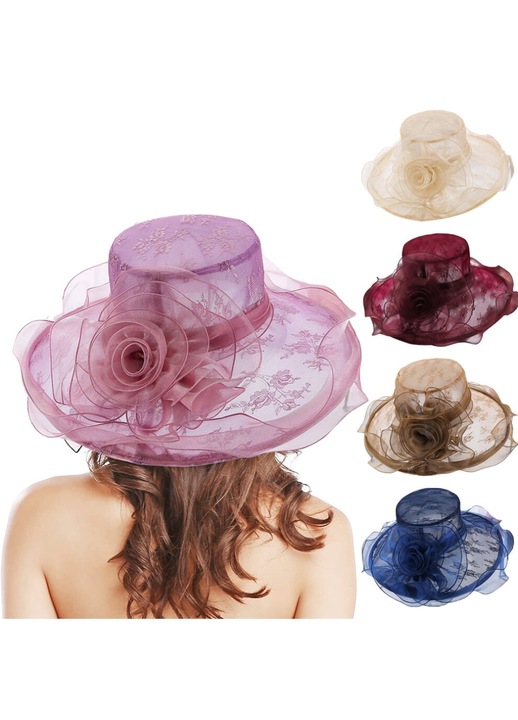 Palarie dama, organza, dantela florala, pliabila, alba, 13x56-58cm