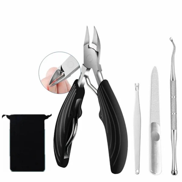 Set ingrijire unghii, 4 piese, otel inoxidabil, negru-argintiu, 10.6x11.5cm