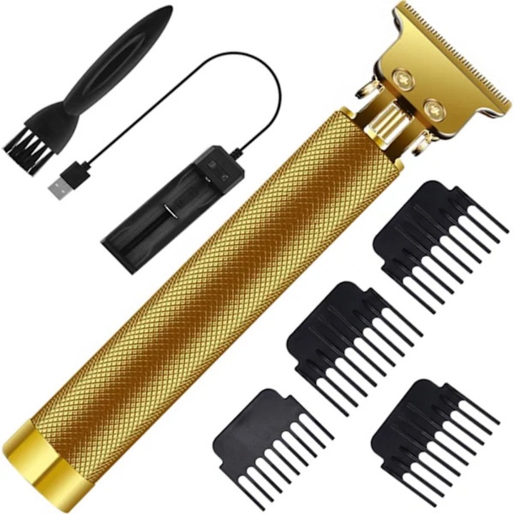 Aparat de tuns/trimmer T-Blade, lama din otel carbon, zero gap pentru linii precise, fara fir, autonomie pana la 3h, incarcare USB rapida, ergonomic, auriu, 1 buc