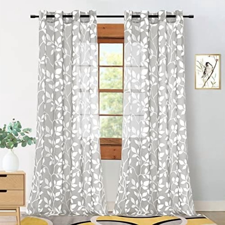 Voile függönyszett levélmintával, 2 darabos, zöld, ezüst, 42x108inch
