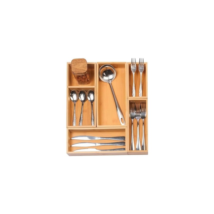 Set 5 organizatoare sertar bambus natural modular 27.4x12.4x11cm