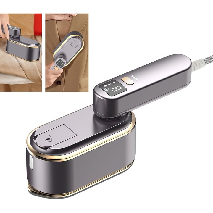 Fier de calcat portabil 2-in-1, 3 niveluri abur, 150ml, ecran LCD, argintiu