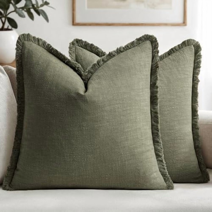 Set 2 huse perne decorative, bumbac in, franjuri, bej, 50x50cm
