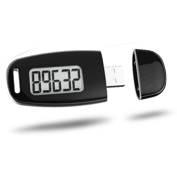 Contor pasi pedometru cu ecran LCD iluminat, USB, clip si snur, negru