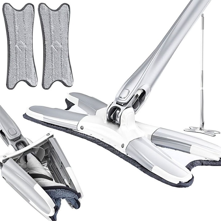 Mop plat auto-curatare, design X, rotire 360, gri, set cu 6 lavete microfiber, 120x40cm